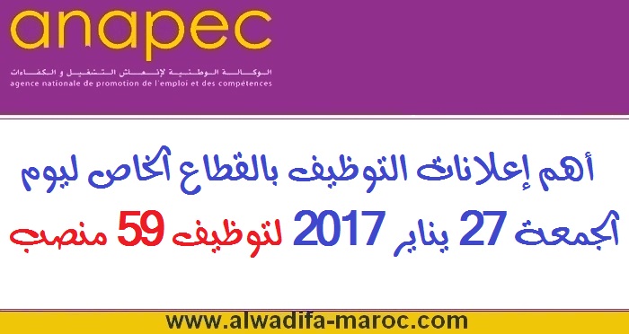 الوكالة الوطنية لإنعاش التشغيل والكفاءات: أهم إعلانات التوظيف بالقطاع الخاص ليوم الجمعة 27 يناير 2017 لتوظيف 59 منصب