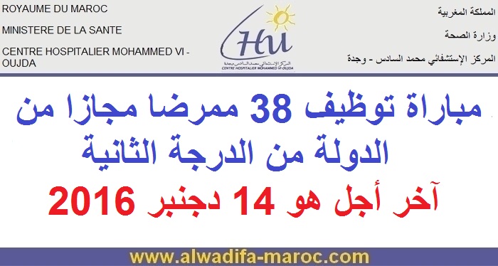 المركز الاستشفائي محمد السادس وجدة: مباراة توظيف 38 ممرضا مجازا من الدولة من الدرجة الثانية. آخر أجل هو 14 دجنبر 2016