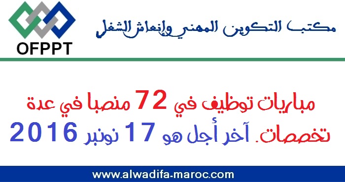 مكتب التكوين المهني وإنعش الشغل: مباريات توظيف في 72 منصبا في عدة تخصصات. آخر أجل هو 17 نونبر 2016