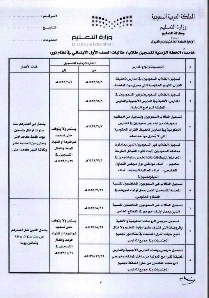 نظام نور تسجيل الطلاب المستجدين بالمرحلة الابتدائية 1439 1440 بوزارة التعليم السعودية